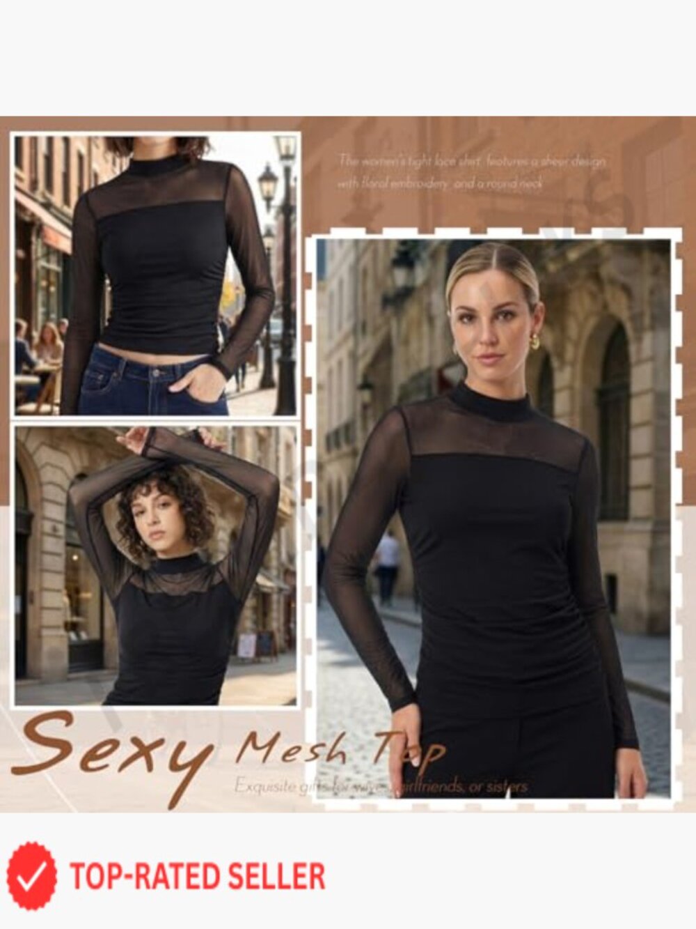 3 Pack Sheer Mesh Tops Long Sleeve Mock Neck Fitted Blouse Party Clubwear Trendy View 2